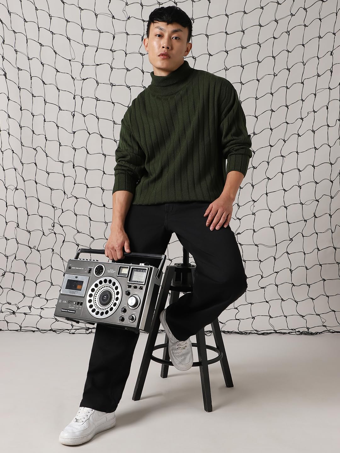 Hubberholme Men Acrylic Knitted Oversized Fit Turtle Neck Full Sleeves Sweaters 2 Olive