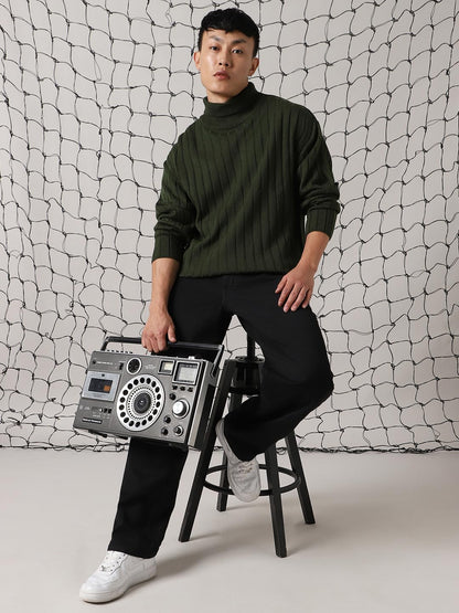 Hubberholme Men Acrylic Knitted Oversized Fit Turtle Neck Full Sleeves Sweaters 2 Olive