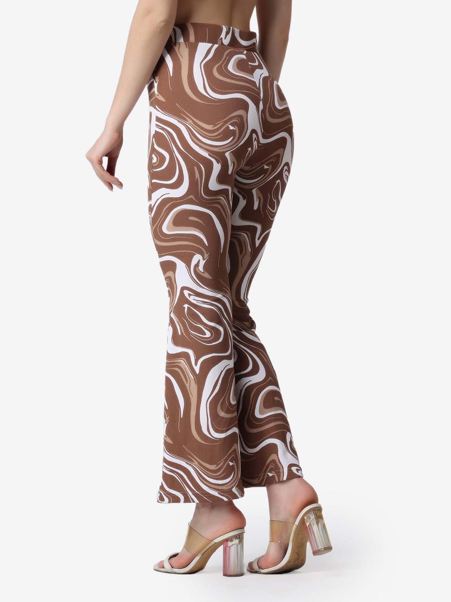 POPWINGS Casual Marble Print Bell Bottom Trousers for Women | Flare Fit Women Trousers for Summer | Stylish Western Regular Fit