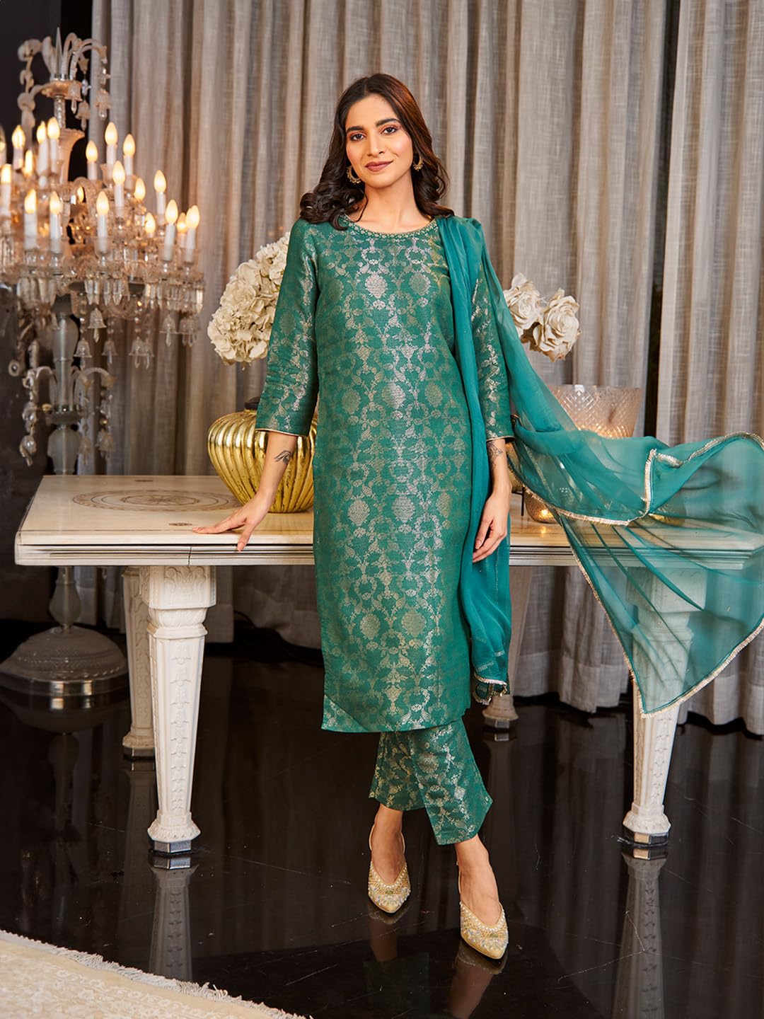Green Rayon Jacquard Kurta And Pant Festive Set