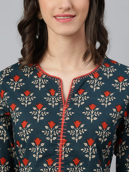 idaLia Sage Blue Floral Printed Kurta