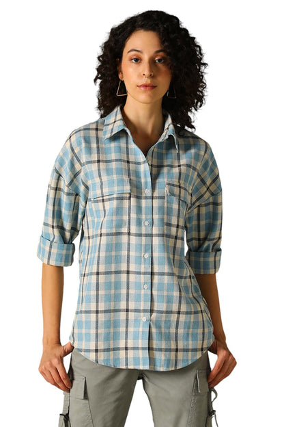 Hubberholme Women Check Cotton Oversized Fit Collar Long Sleeve Shirts 24