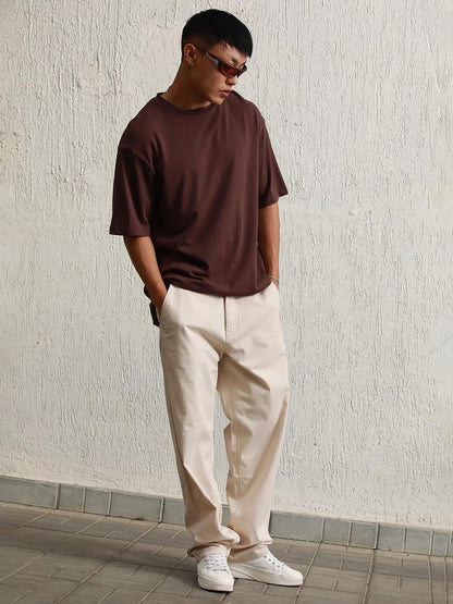 Hubberholme Men Beige Cotton Loose Fit Mid-Rise Trousers