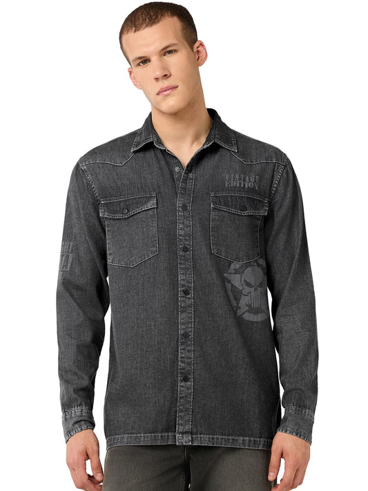 Bewakoof Official Marvel Merchandise Punisher Mens Washed Regular Fit Full Sleeve Collar Pure Cotton Shirt_685293_Black_M