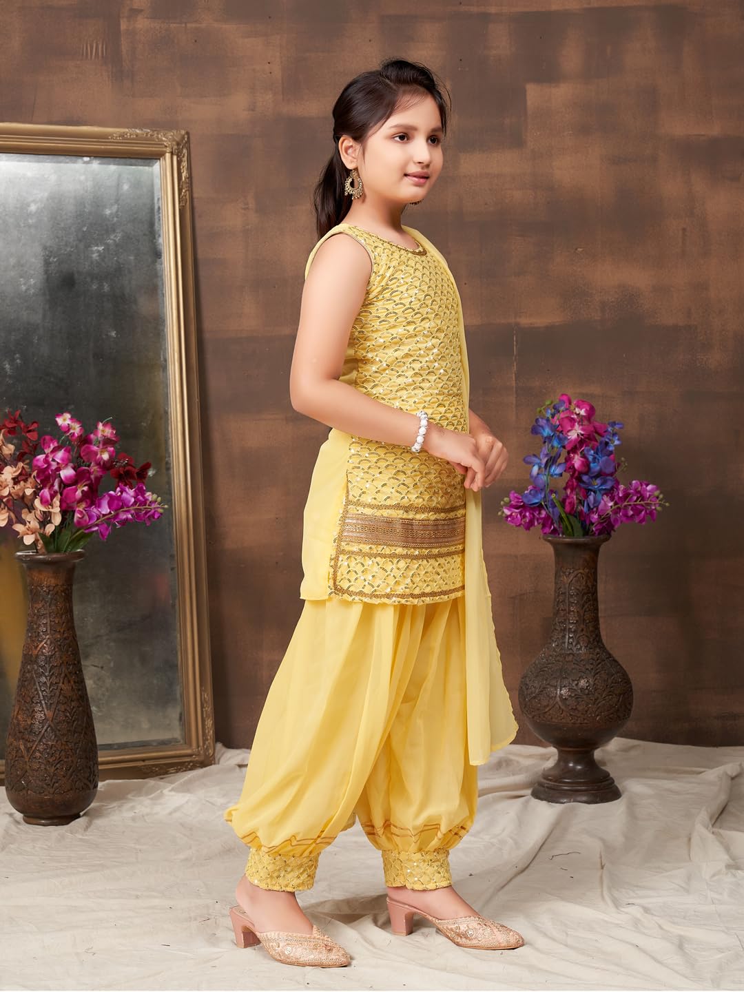 Aarika Girls Ethnic Wear Yellow Colour Sequin Embroidery Lace Work Georgette Kurti Patiala Set (4-10 Years)