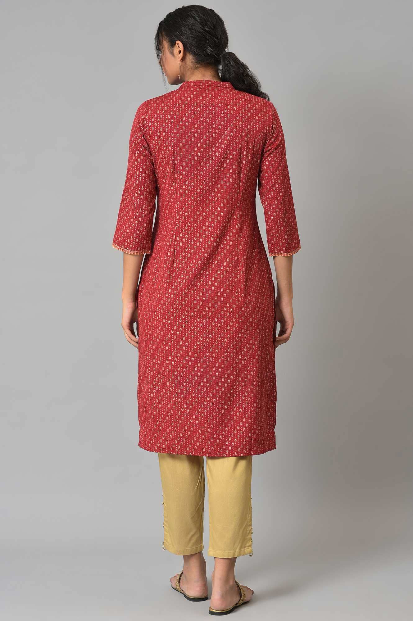 W For Woman Red Geometric Printed Synthetic Regular Glitter Kurta