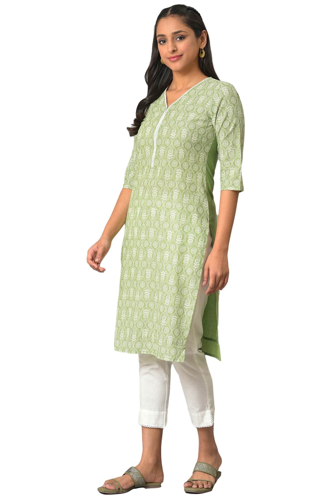Aurelia WomenS Floral Printed Printed Regular Green Cotton Kurta
