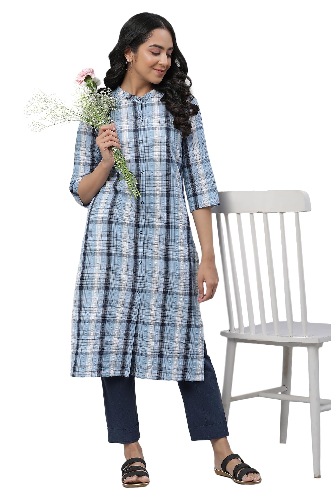 Aurelia Blue Seer Sucker Kurta and Trouser Set (Size: S)-23AUAS14953-704329