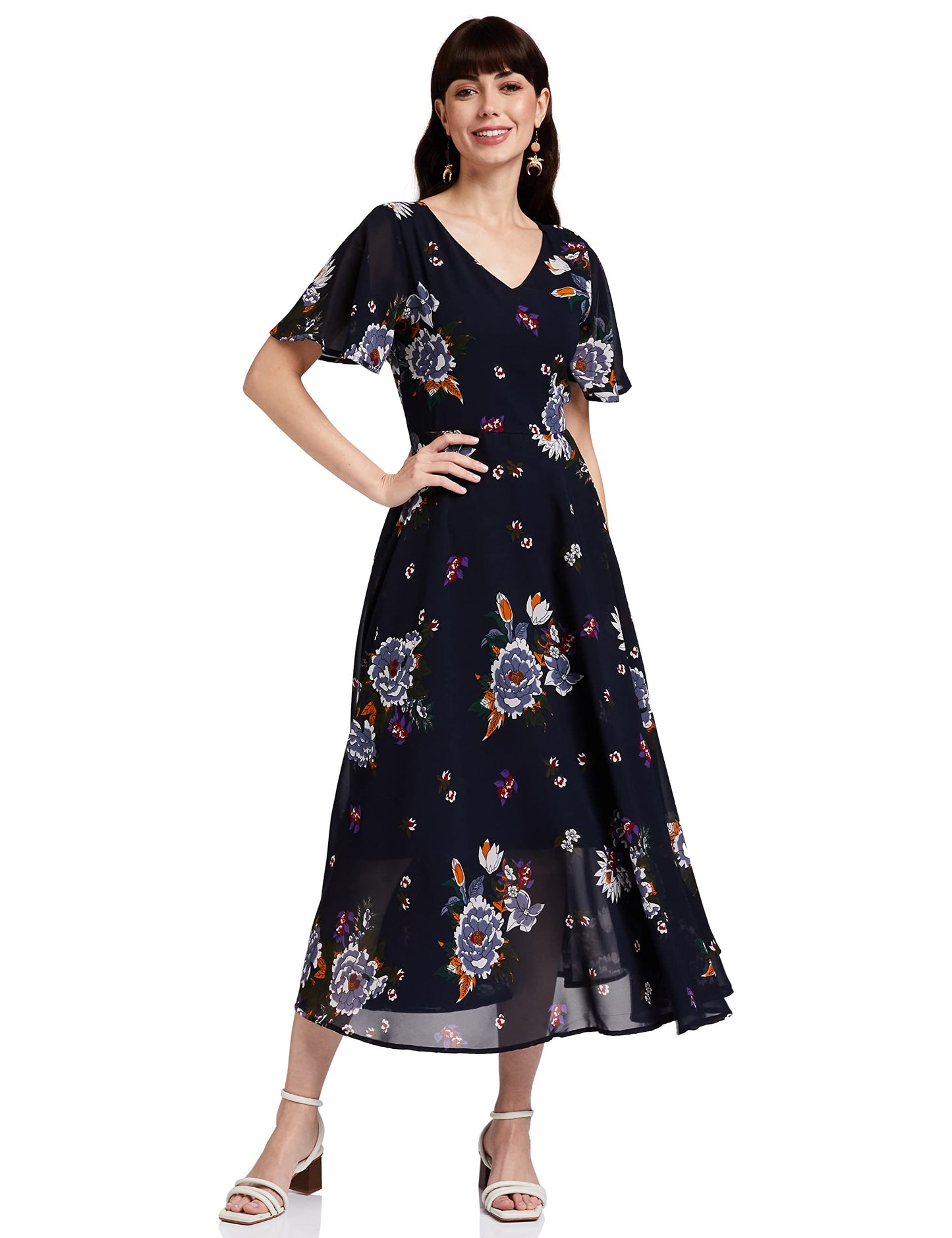 Rare London Women Synthetic A-Line Calf Length Dress (Ep3153-S_Blue_S)
