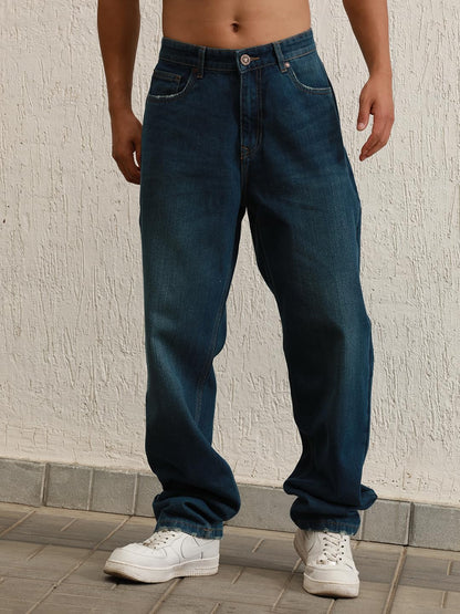 Hubberholme Men Blue Cotton Straight Fit Mid-Rise Solid Jeans