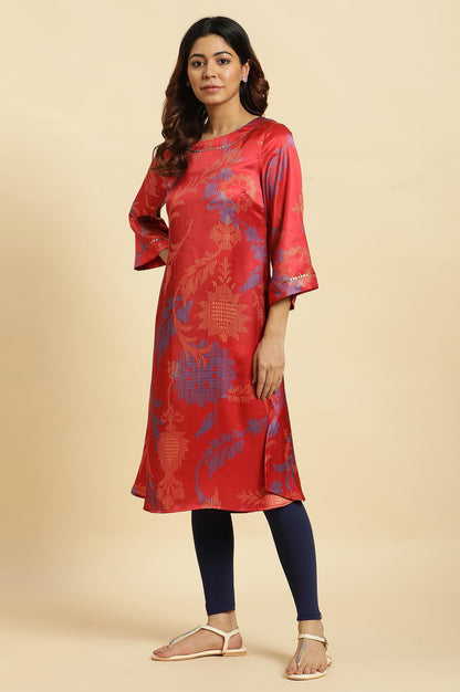 W for Woman Women's Satin Regular Fit Bold Floral Printed A-Line Kurta