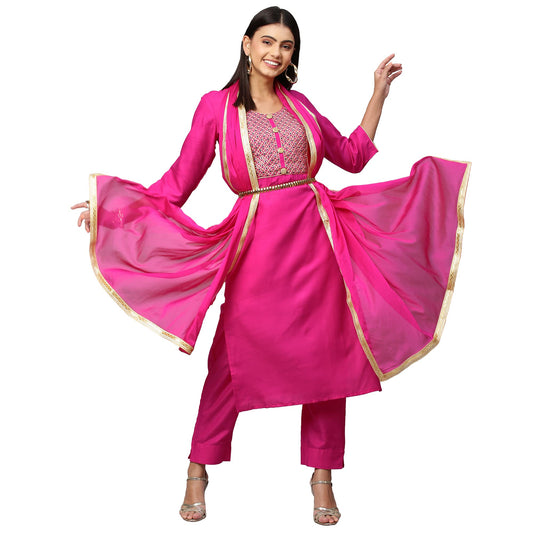 ANNI DESIGNER Womens Cotton Blend Embroidered Straight Kurta with Pant & Dupatta (Lissy New) Pink