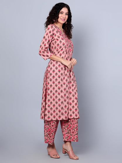 Idalia Light Green, White, Pink Floral Printed Cotton Kurta With Pant Set - Perfect Ethnic Dress For Women