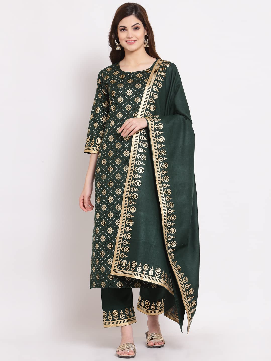 ANNI DESIGNER Women's Straight Cotton Kurta with Palazzo & Dupatta (NAVLIK-Dark GREEN-001_M_Dark Green_Medium)