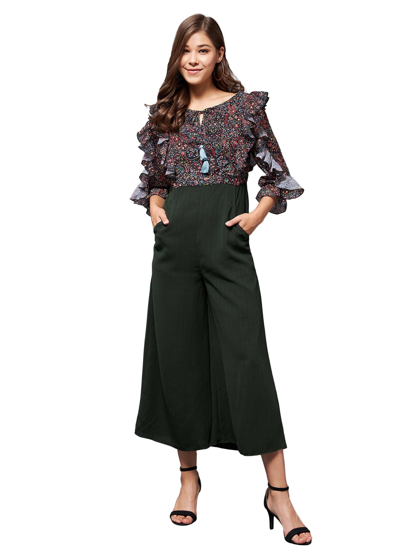 Miss Chase WomenS Multicolored-Base-Green Printed Round Neck 3/4 Sleeves Polyester Ruffled Regular Length Jumpsuit (Mcss22D15-4