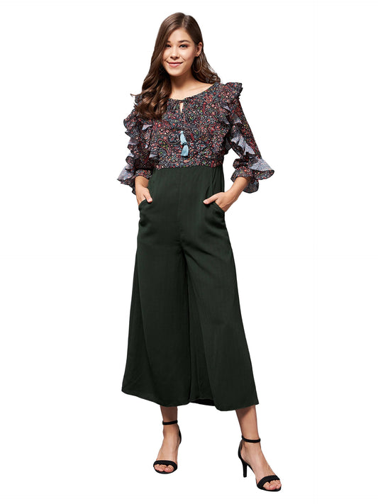 Miss Chase WomenS Multicolored-Base-Green Printed Round Neck 3/4 Sleeves Polyester Ruffled Regular Length Jumpsuit (Mcss22D15-4