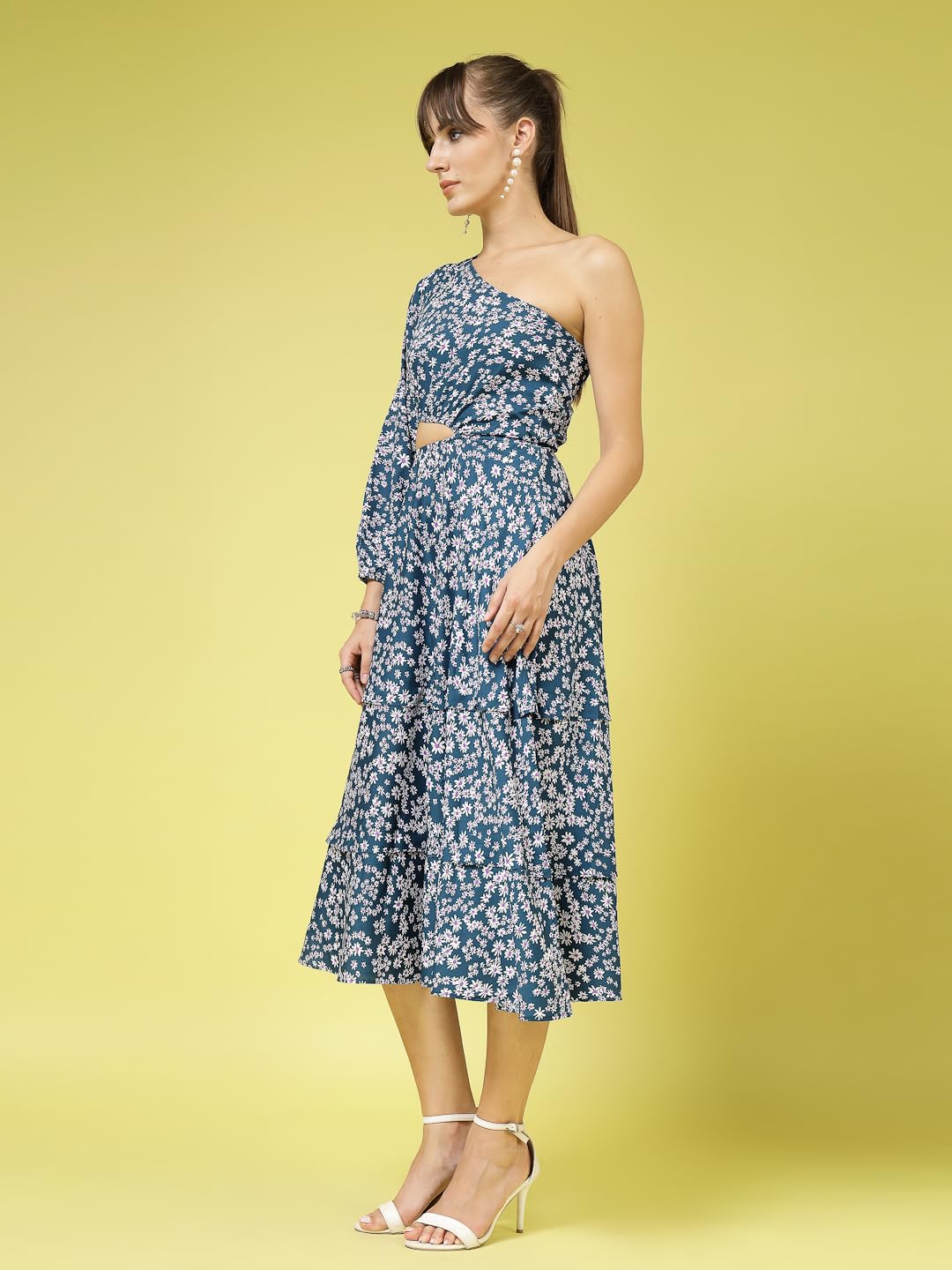 Oomph! WomenS Western & Fusion Wear Printed Crepe Dress For Women, One Shoulder, Blue - Md1066