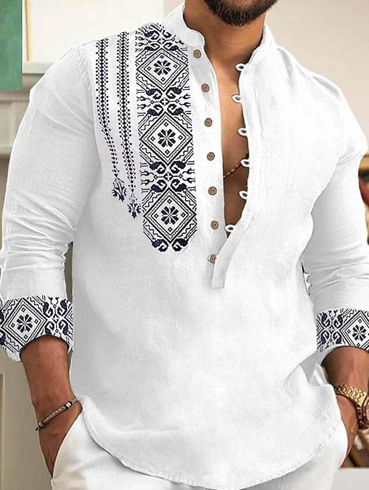 Deemoon MenS Cotton Blend Mandarin Collar Self One Design Full Sleeve Casual Short Kurta White
