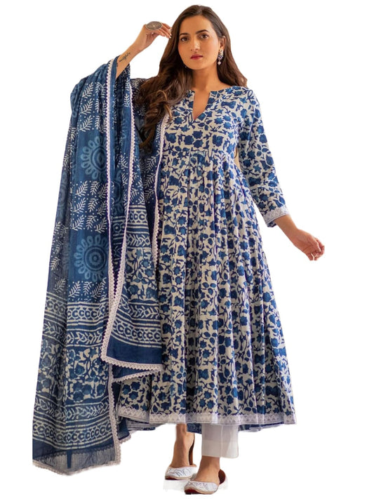 Gosriki WomenS Rayon Blend Anarkali Printed Kurta With Pant & Dupatta (Yutika Blue-Gs_L_Blue_Large)