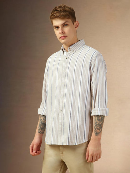 Dennis Lingo Men Beige Stripes Relaxed Fit Full Sleeve Button Down Collar Shirts