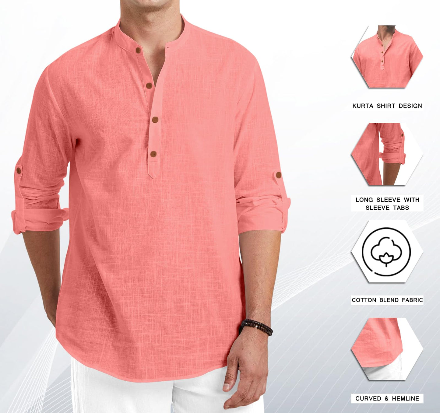 Royalscout Men Cotton Blend Full Sleeve Short Kurta Peach