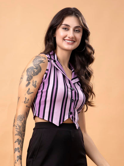 POPWINGS Lavender Stripe Printed Button Clousre V Neck Sleeveless Waistcoat Crop Top