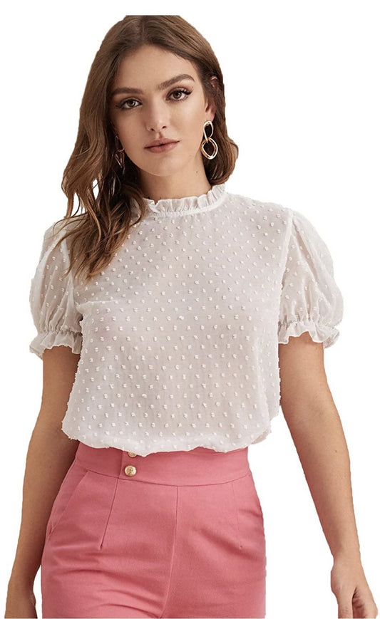 Pujia Mills Women Casual high Neck Top (Avina BUTTI) White Color