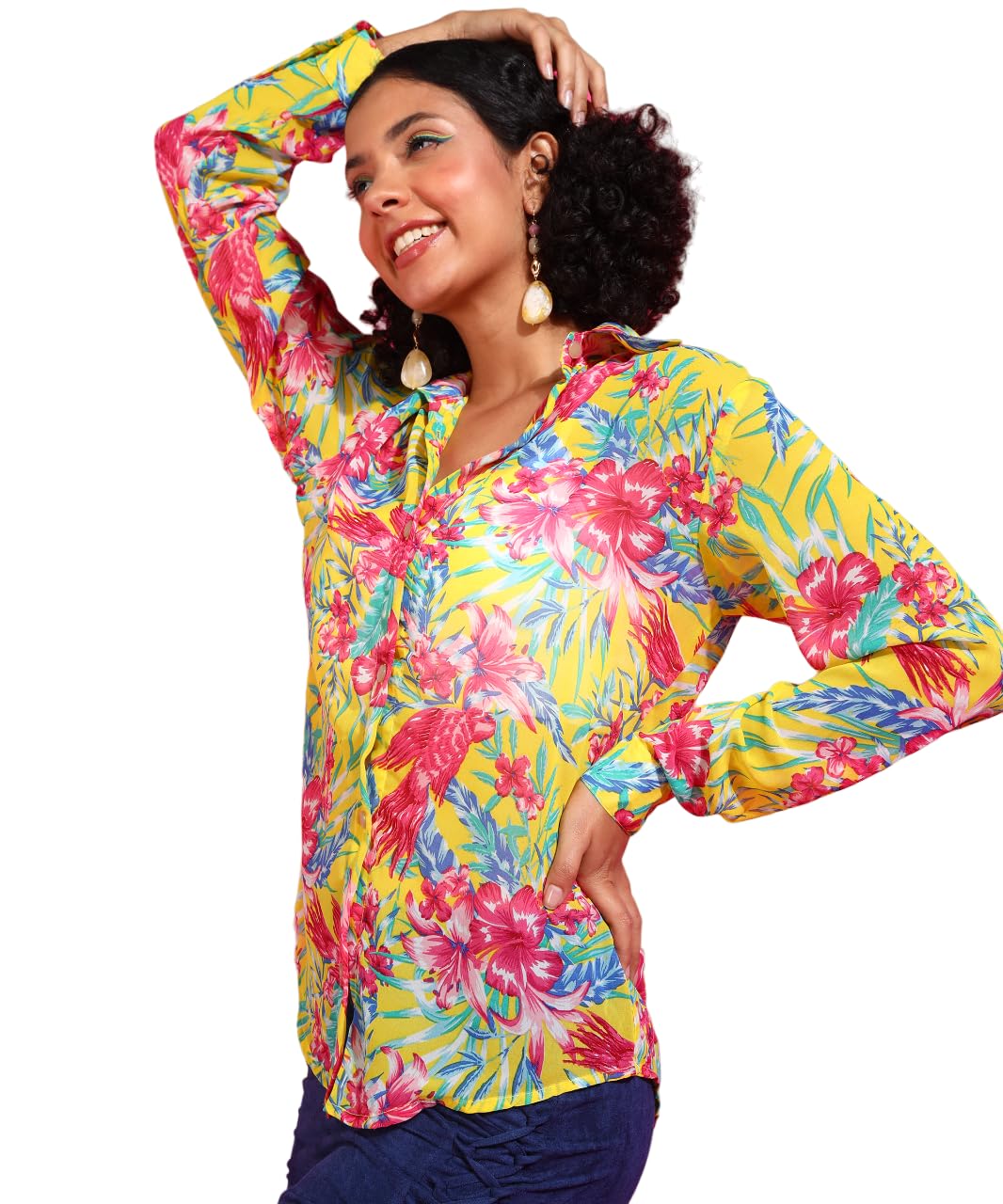 POPWINGS Printed Full-Sleeves Regular-Fit Polyester Printed Shirt for Women Stylish Western Casual Wear