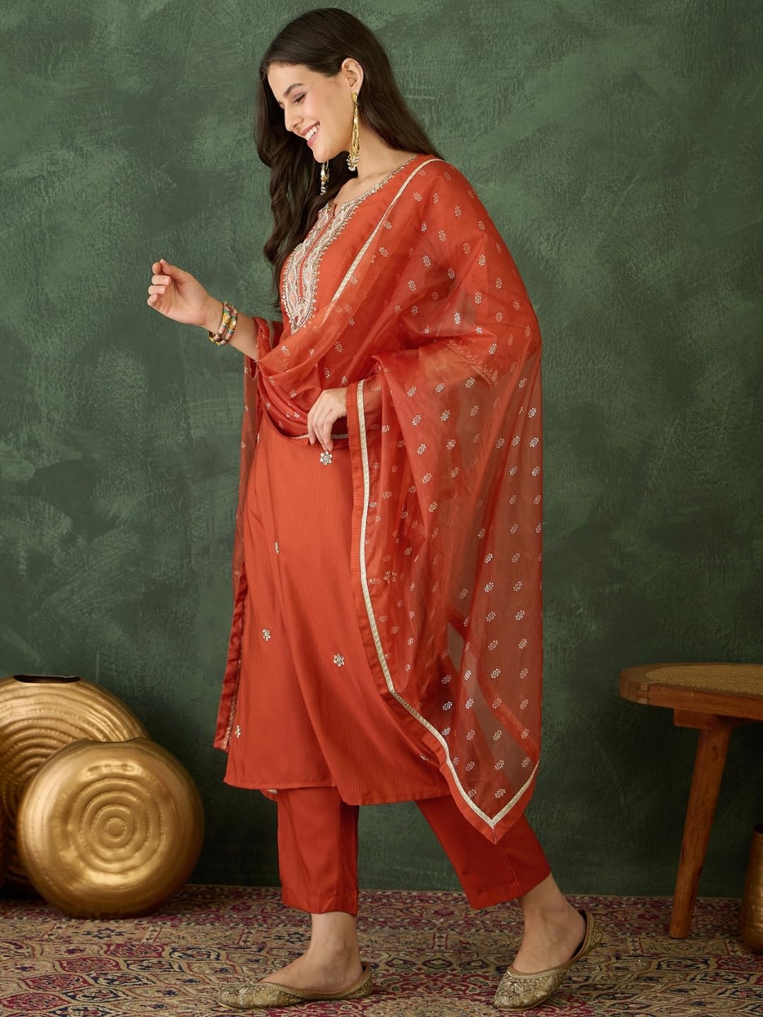 Naixa WomenS Rayon Embroidered Straight Kurta Pant Dupatta Set  Ethnic Wear, 3-Piece Set For Wedding And Festival (Nx-785-Rust-
