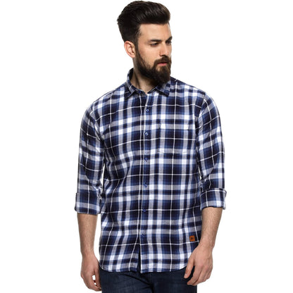 Campus Sutra Mens Full Sleeve Regular Fit Shirt for Casual Wear|Blue|White|Chequered|Front Spread Collar Detail|Shirt Crafted w