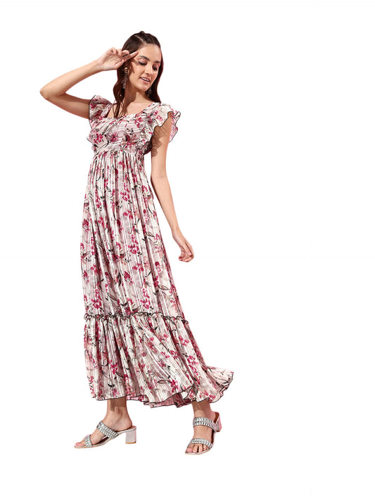 Miss Chase WomenS Multicolored-Base-Off White Square Neck Ruffles Sleeve Floral Patterned Tiered Georgette Maxi Dress (Mcaw22D1