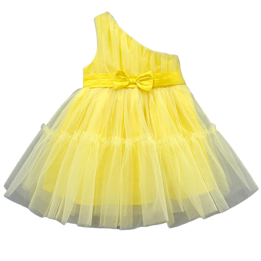 A.T.U.N. Girls Solid One Shoulder Bow Fit & Flare Dress Yellow