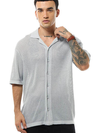 Bewakoof Mens Textured Oversized Fit Half Sleeve Collared Neck Cotton Shirt_634262_Grey_M