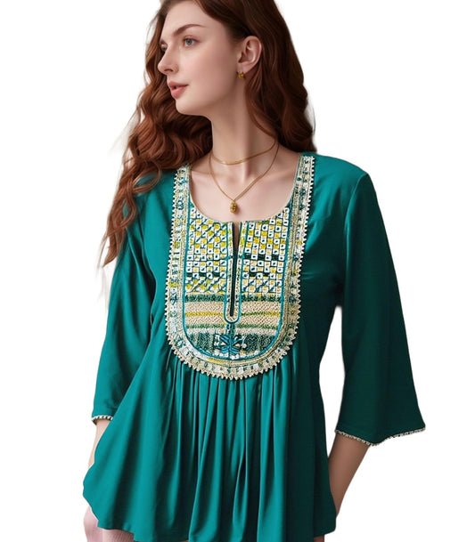 ANNI Designer Womens Rayon Viscose Kurti, Stylish Fancy Tops for Women with Embroidery, 3/4 Sleeve (FRIYA RAMA_XL_Rama_X-Large)