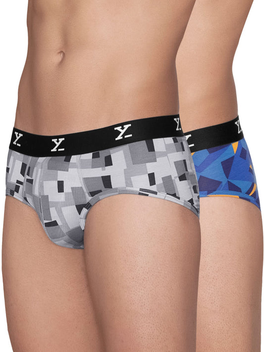 XYXX Mens Modal Slim Geometric Briefs (Pack of 2) (XY_R5_BRF_02_Boxy Grey + Prism Blue