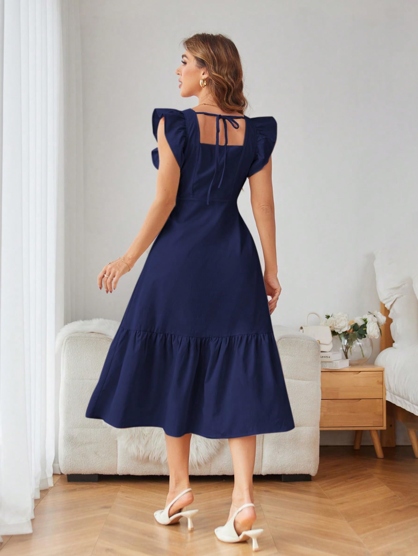 Shasmi GirlS & WomenS Solid Navy Blue Color Square Neck, Ruffle-Trimmed Hem Sleeveless, Ruffle Armhole And Casual Dress With C