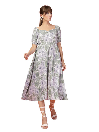 Oomph! Flared Dress For Women Stylish | Long One Piece For Women | Puff Sleeve Long Dress | Floral Print Maxi One Piece | Wester