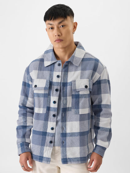 The Souled Store Plaids: Skyline Blue Men Flannel Shackets Shackets Casual Plaid Oversized Quilted Winter Flannel Sherpa-Lined S
