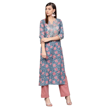 idaLia Women's Blue Jaal Print Cotton Kurta