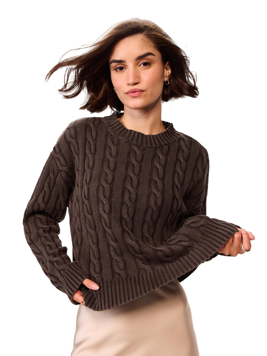 The Souled Store Cable Knit Sweater Originals: Mocha Women Oversized Sweater