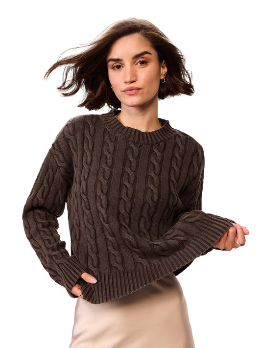 The Souled Store Cable Knit Sweater Originals: Mocha Women Oversized Sweater
