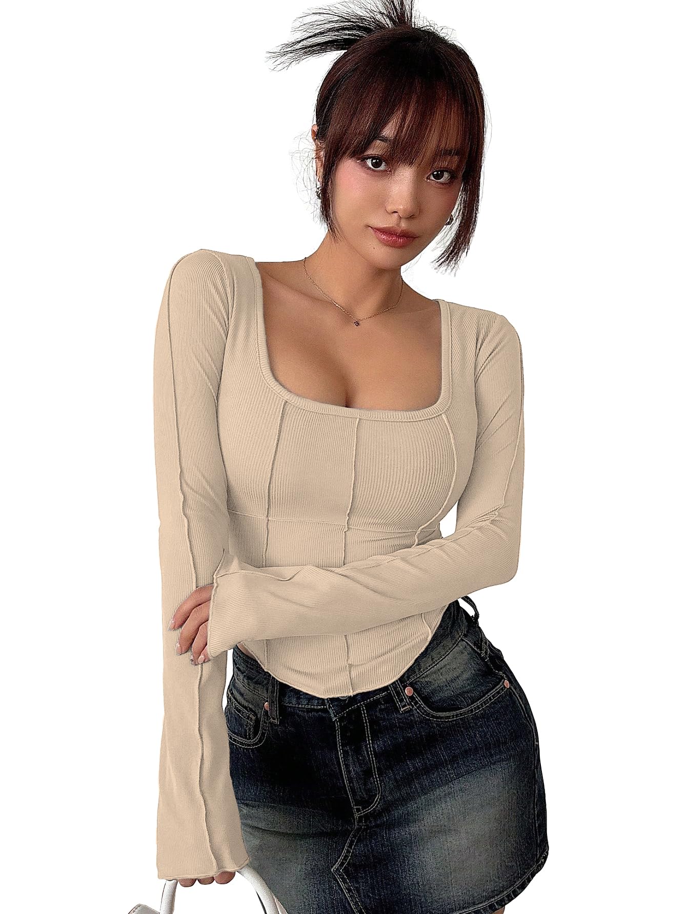 Sugathari Womens Skin Solid Long Sleeve Wrap-Style Square Split Crew Neck Bodycon Women T-Shirt Spring and Summer Top, Minimali