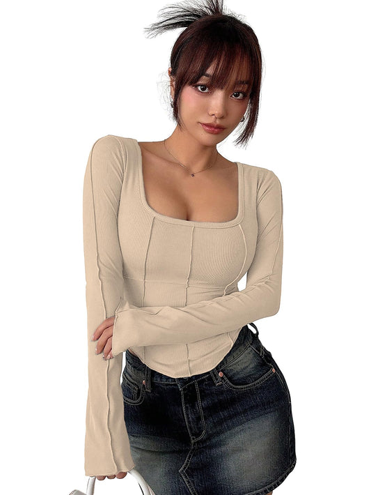 Sugathari Womens Skin Solid Long Sleeve Wrap-Style Square Split Crew Neck Bodycon Women T-Shirt Spring and Summer Top, Minimali