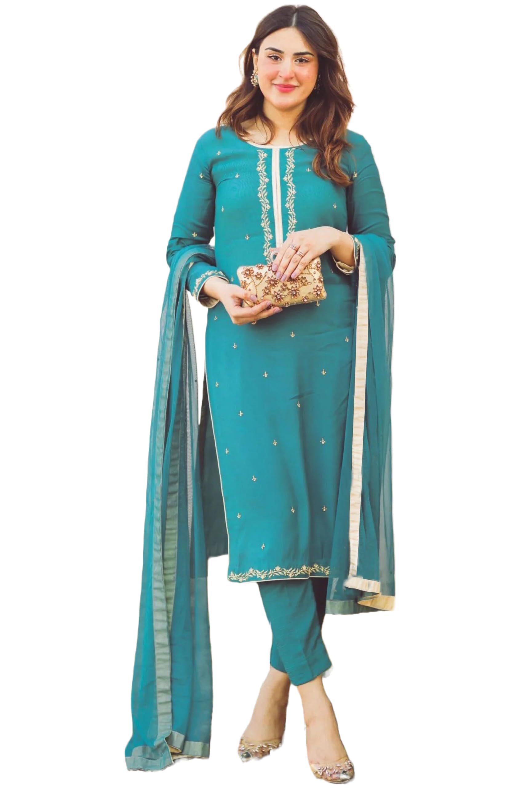 ANNI DESIGNER Cotton Blend Womens Calf Length Embroidered Straight Kurta With Pant & Dupatta (Aaniyat Green-Nvw X-Large)