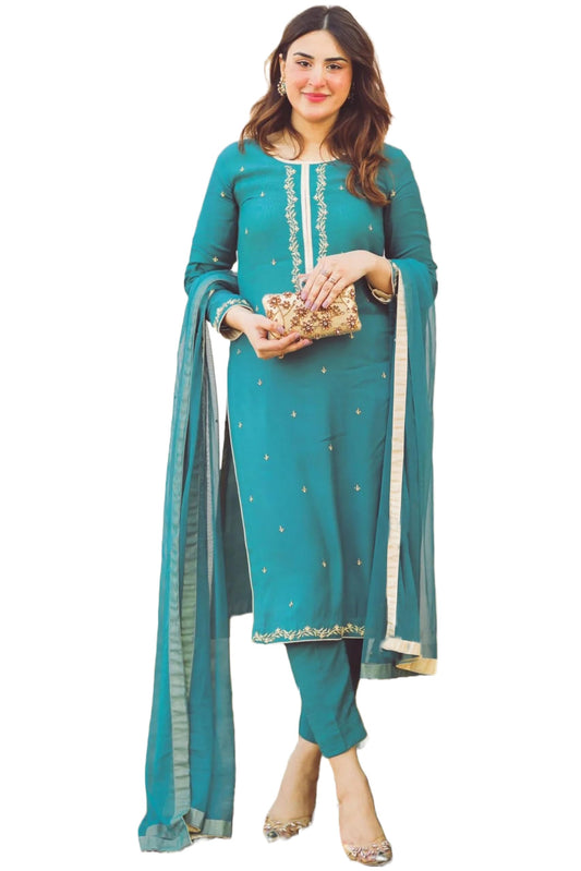 ANNI DESIGNER Cotton Blend Womens Calf Length Embroidered Straight Kurta With Pant & Dupatta (Aaniyat Green-Nvw X-Large)