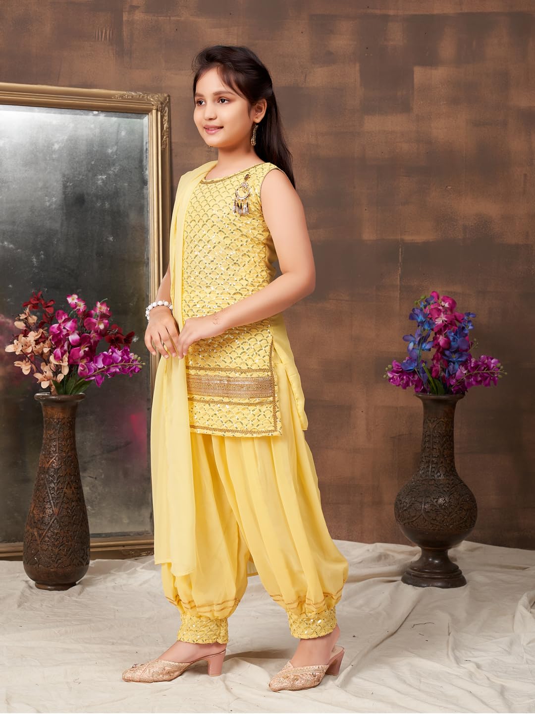 Aarika Girls Ethnic Wear Yellow Colour Sequin Embroidery Lace Work Georgette Kurti Patiala Set (4-10 Years)
