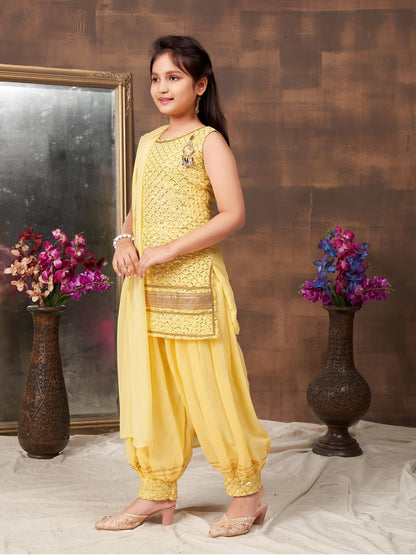 Aarika Girls Ethnic Wear Yellow Colour Sequin Embroidery Lace Work Georgette Kurti Patiala Set (4-10 Years)