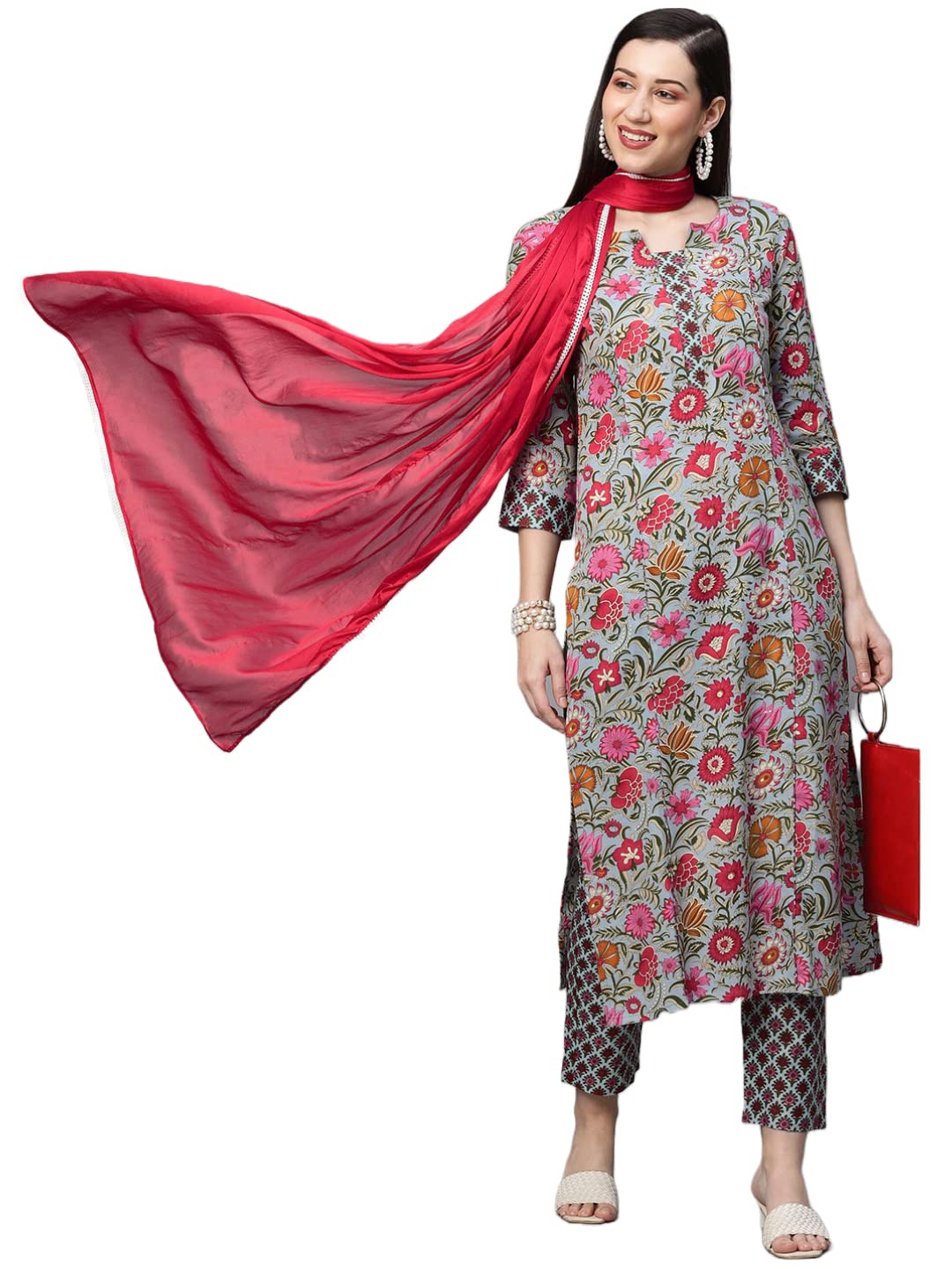ANNI DESIGNER Womens Cotton Blend Kurta with Pant & Dupatta Set (Sunua-NV_Green_XX-Large)