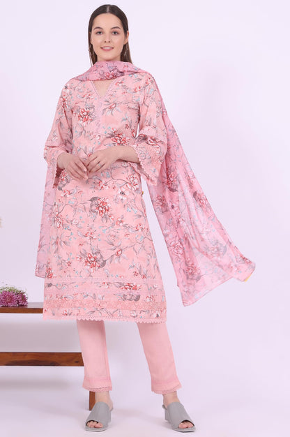 Aurelia Women's Pink Printed Straight Kurta with Trouser & Dupatta Set