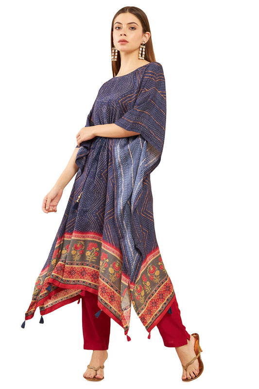 Navy Blue Muslin Printed Kaftan Suit